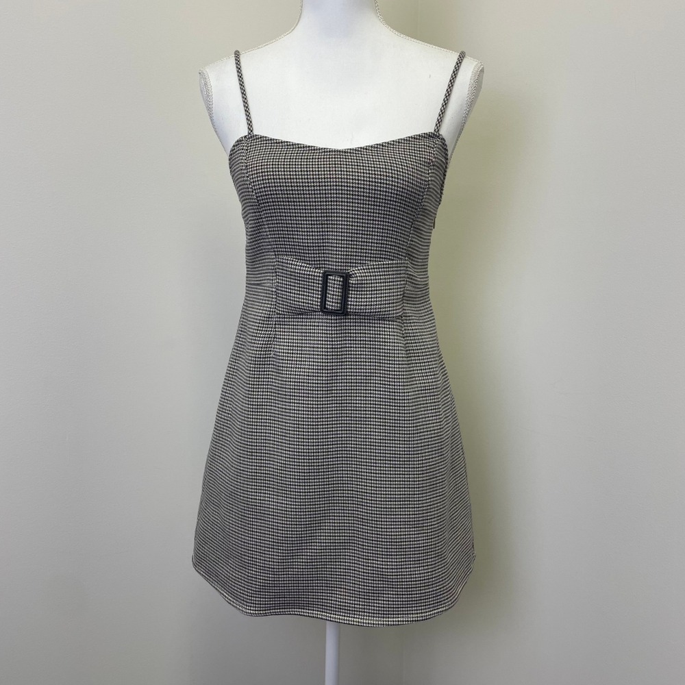 Free People Houndstooth Mini Dress Buckle Waist Spaghetti Strap Size 4